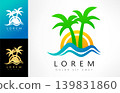 Travel logo. Sea, sun, and palm tree. Beach logo vector. Oasis 139831860