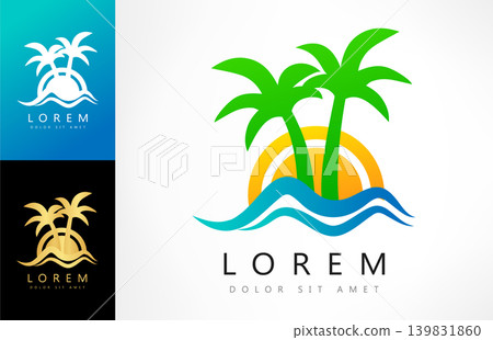 Travel logo. Sea, sun, and palm tree. Beach logo vector. Oasis 139831860
