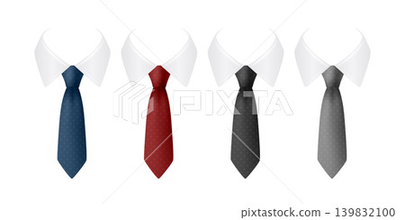 Vector Necktie Set with White Collar Shirts, Isolated. Blue, Red Black, Gray Classic Mens Business Tie Icons. Formal Office Dress Code Accessories for Suit, Fashion Design, Apparel Mockups Vector Necktie Set with White Collar Shirts, Isolated. Blue, Red Black, Gray Classic Mens Business Tie Icons. Formal Office Dress Code Accessories for Suit, Fashion Design, Apparel Mockups 139832100