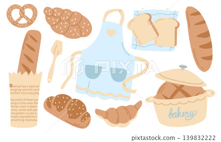 Bakery Vector Set with Fresh Bread, Kitchen Apron and Baking Tools Isolated on White 139832222