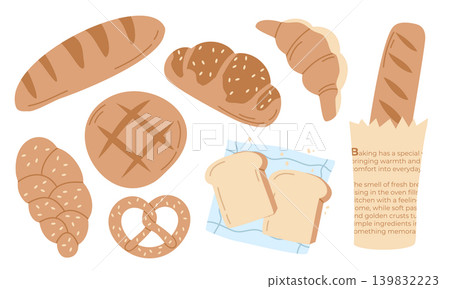 Bakery Product Vector Set with Hand Drawn Fresh Bread, Croissant and Pretzel Isolated on White Bakery Product Vector Set with Hand Drawn Fresh Bread, Croissant and Pretzel Isolated on White 139832223