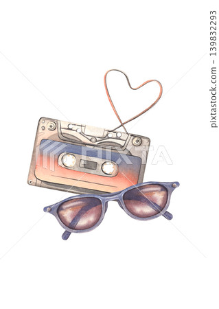 Audio cassette and sunglasses postcard, poster. Hand-painted watercolor illustration isolated on white. Perfect for music, retro lifestyle branding, printing, storytelling, editorial design, websites Audio cassette and sunglasses postcard, poster. Hand-painted watercolor illustration isolated on white. Perfect for music, retro lifestyle branding, printing, storytelling, editorial design, websites 139832293