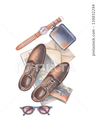 Boots, wristwatch, envelope, flask, cassette, sunglasses, map. Hand-painted watercolor illustration isolated on white for men lifestyle branding, father day design, posters, cards, decor, invitations Boots, wristwatch, envelope, flask, cassette, sunglasses, map. Hand-painted watercolor illustration isolated on white for men lifestyle branding, father day design, posters, cards, decor, invitations 139832294