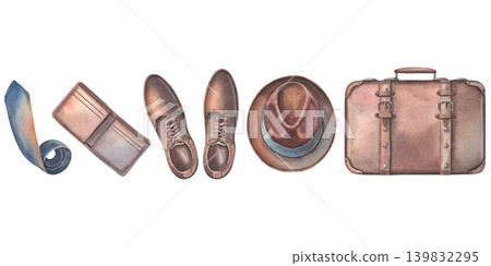 Suitcase, boots, tie, hat, wallet seamless border. Hand-painted watercolor illustration isolated on white for travel, gentleman lifestyle, fashion, branding, design, ad, printing on textile, decor Suitcase, boots, tie, hat, wallet seamless border. Hand-painted watercolor illustration isolated on white for travel, gentleman lifestyle, fashion, branding, design, ad, printing on textile, decor 139832295