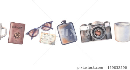 Camera, mug, passport, flask, ticket, sunglasses seamless border. Hand-painted watercolor illustration isolated on white for travel branding, design, posters, websites, textile, packaging, decor 139832296