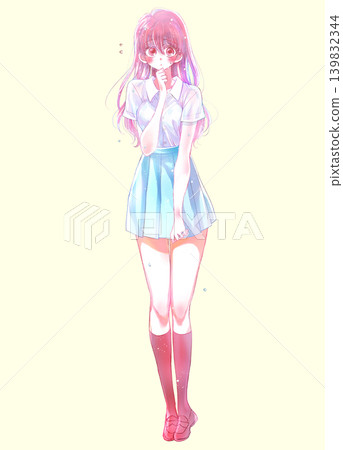 A shy female student in summer clothes, short-sleeved and see-through. 139832344