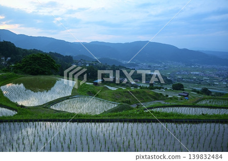 Obasute rice terraces at dusk, Nagano Obasute rice terraces at dusk, Nagano 139832484