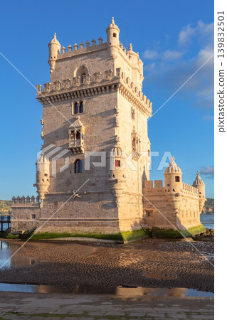 Belem Tower at low tide on Tagus River waterfront in Lisbon Portugal 139832501