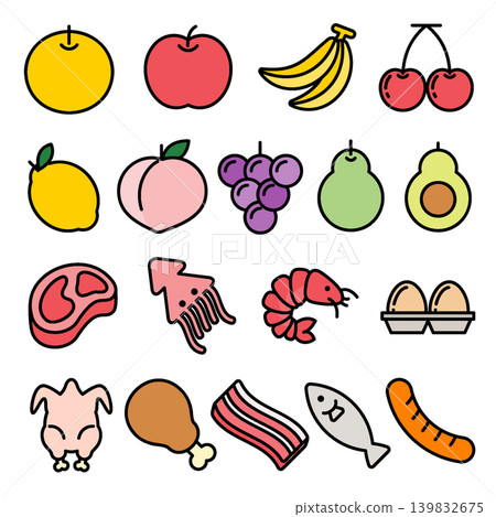 Supermarket Fruits, Meat, and Seafood Ingredients Icon Set - Colored Outline Supermarket Fruits, Meat, and Seafood Ingredients Icon Set - Colored Outline 139832675
