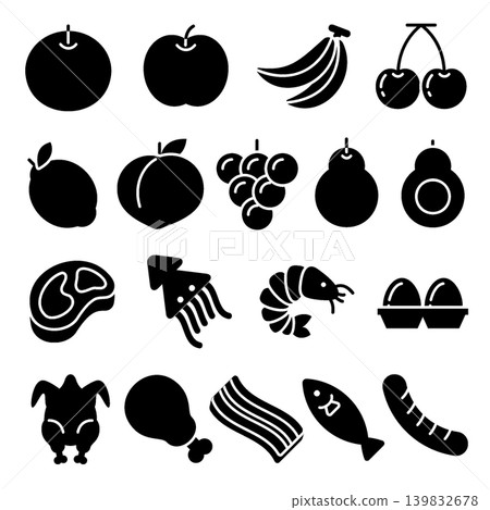 Supermarket Fruits, Meat, and Seafood Ingredients Icon Set - Glyph Supermarket Fruits, Meat, and Seafood Ingredients Icon Set - Glyph 139832678