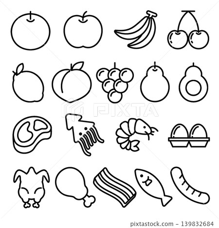 Supermarket Fruits, Meat, and Seafood Ingredients Icon Set - Line Outline Supermarket Fruits, Meat, and Seafood Ingredients Icon Set - Line Outline 139832684