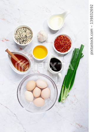 ingredients for marinating eggs, Mayak Gyeran, are laid out on a bright table, top view, no people, ingredients for marinating eggs, Mayak Gyeran, are laid out on a bright table, top view, no people, 139832692