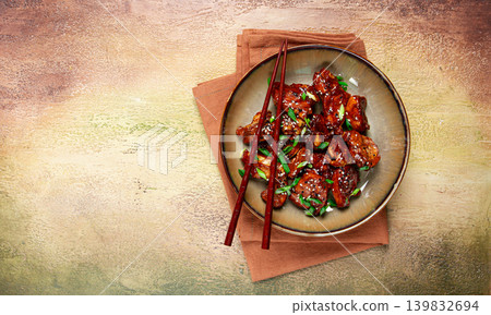 yakitori chicken kebab, on a plate, with green onions and sesame seeds, top view, no people, yakitori chicken kebab, on a plate, with green onions and sesame seeds, top view, no people, 139832694