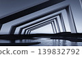 3D render, Abstract geometric tunnel over reflective water in dark futuristic minimalist landscape concept 139832792