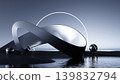 3D render, Abstract metallic curved sculpture with glowing ring over reflective water in futuristic landscape 139832794