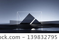 3D render, Abstract black pyramid with glowing cube frame in dark futuristic minimalist landscape 139832795