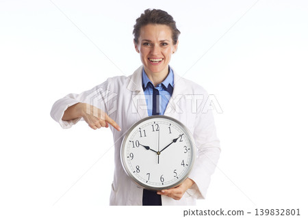 Doctor Pointing to Clock for Medical Appointment Time 139832801