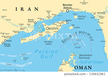 Qeshm, largest island of Iran, political map. Located in Strait of Hormuz of Persian Gulf, separated from mainland by Clarence Strait, opposite the port cities Bandar Abbas and Bandar Khamir. Vector 139832961