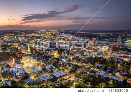 Old historical city Savannah in Georgia. Southern USA cityscape at sunset Old historical city Savannah in Georgia. Southern USA cityscape at sunset 139833026