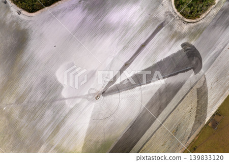 Spraying water on farmland ground for crop growth during period of drought. Sprinkler irrigation system watering farm field during dry season Spraying water on farmland ground for crop growth during period of drought. Sprinkler irrigation system watering farm field during dry season 139833120