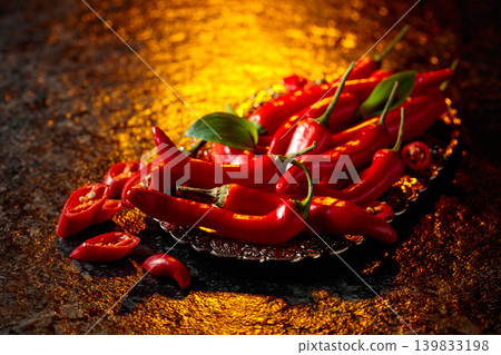 Red hot chili peppers on a silver tray. Red hot chili peppers on a silver tray. 139833198