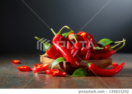 Red hot chili peppers in wooden dish. Red hot chili peppers in wooden dish. 139833202