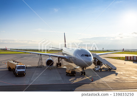 Wide body passenger airplane with boarding stairs at the airport. Airfield tanker refueling plane Wide body passenger airplane with boarding stairs at the airport. Airfield tanker refueling plane 139833250