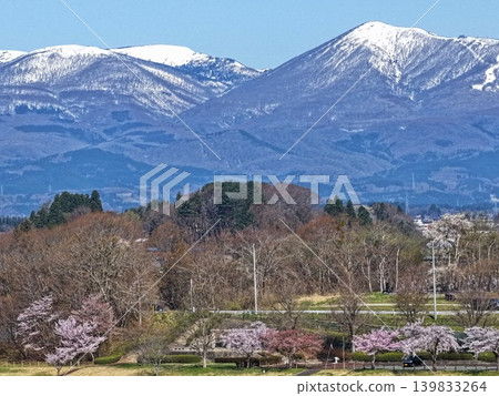 Aerial photograph showing cherry blossoms and snow-capped mountains around Lake Gosho in Iwate Prefecture. Aerial photograph showing cherry blossoms and snow-capped mountains around Lake Gosho in Iwate Prefecture. 139833264