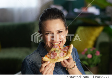 Smiling Woman Ready to Eat Pizza Snack 139833277