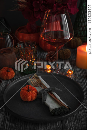 Elegant Autumn Table Setting with Pumpkins, Candles, and Festive Decor Elegant Autumn Table Setting with Pumpkins, Candles, and Festive Decor 139833405