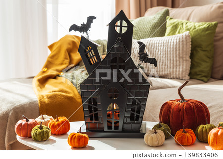 Halloween haunted house lantern with velvet pumpkins decorating home Halloween haunted house lantern with velvet pumpkins decorating home 139833406