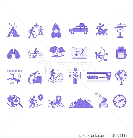 Adventure Icons Set Color. Vector Icons Travel, Hike, Campfire, Mountains, Climbing, Scuba Diving. Camping, Quest, Surfing, Road Trip, Canoe, and More 139833433