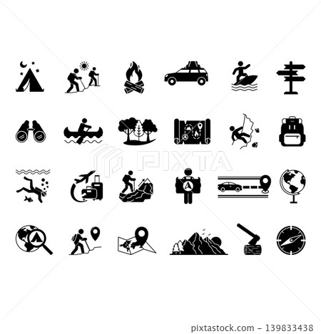 Glyph Adventure Icons. Vector Icons Travel, Hike, Campfire, Mountains, Climbing, Scuba Diving. Camping, Quest, Surfing, Road Trip, Canoe, and More 139833438