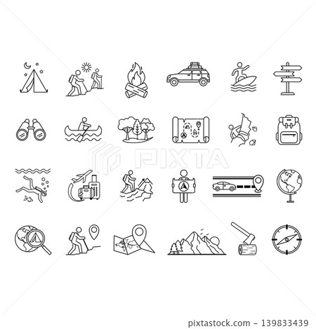 Line Adventure Icons. Vector Icons Travel, Hike, Campfire, Mountains, Climbing, Scuba Diving. Camping, Quest, Surfing, Road Trip, Canoe, and More 139833439