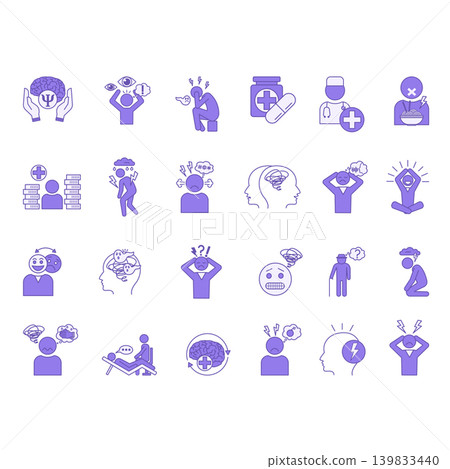 Colored Mental Health Icon Set. Vector Illustrations Stress, Depression, Bipolar, Paranoia, Dementia, Psychosis, Panic Attacks, Schizophrenia, Trauma, Doctor, Medicines, and Others 139833440