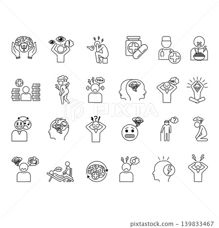 Line Mental Health Icon Set. Vector Illustrations Stress, Depression, Bipolar, Paranoia, Dementia, Psychosis, Panic Attacks, Schizophrenia, Trauma, Doctor, Medicines, and Others Line Mental Health Icon Set. Vector Illustrations Stress, Depression, Bipolar, Paranoia, Dementia, Psychosis, Panic Attacks, Schizophrenia, Trauma, Doctor, Medicines, and Others 139833467