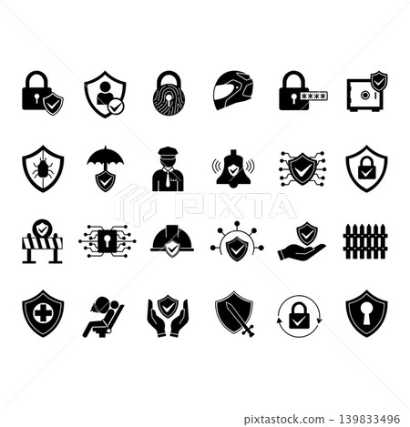 Glyph Protection Icon Set. Vector Illustrations Password, Digital, Helmet, Safe, Lock, Helmet, Alarm, Shield, Security, Antivirus, Health Protection, and More 139833496