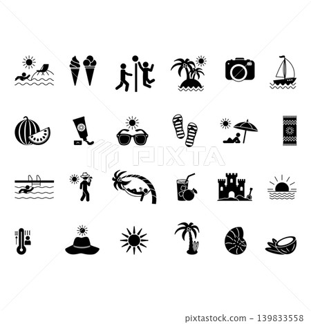 Glyph Summer Icons Set. Vector Icons of Beach, Sun, Beach Volleyball, Watermelon, Luggage, Ice Cream, Hot, Pool, Sunglasses, Coconut, and Other 139833558