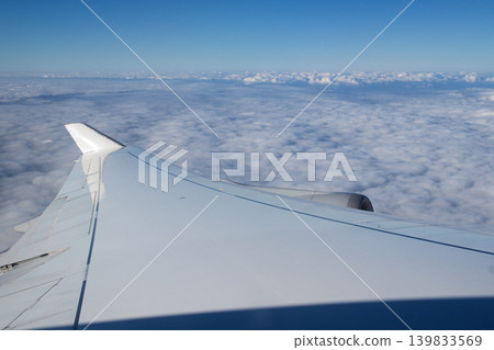 Frankfurt, Germany, 03 November 2017: Airplane wing and engine above the clouds Frankfurt, Germany, 03 November 2017: Airplane wing and engine above the clouds 139833569