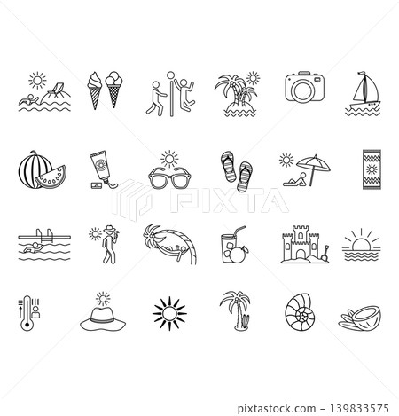 Line Summer Icons Set. Vector Icons of Beach, Sun, Beach Volleyball, Watermelon, Luggage, Ice Cream, Hot, Pool, Sunglasses, Coconut, and Other Line Summer Icons Set. Vector Icons of Beach, Sun, Beach Volleyball, Watermelon, Luggage, Ice Cream, Hot, Pool, Sunglasses, Coconut, and Other 139833575