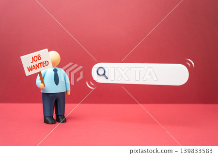 Office worker with a poster about a job search and a job search bar. Job search websites, recruitment platforms and employment opportunities in the digital economy. Office worker with a poster about a job search and a job search bar. Job search websites, recruitment platforms and employment opportunities in the digital economy. 139833583