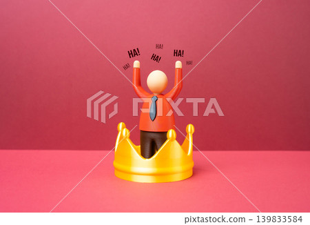 Office worker inside a large crown. An arrogant boss, reveling in power and impunity. Corporate hierarchy, abuse of authority and toxic workplace leadership. 139833584