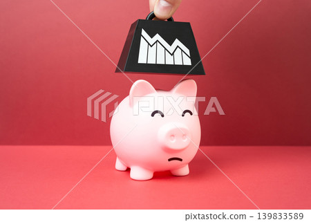 A piggy bank with a harbinger of a crisis. Threat to savings and rising inflation. Economic instability, declining purchasing power and financial uncertainty. A piggy bank with a harbinger of a crisis. Threat to savings and rising inflation. Economic instability, declining purchasing power and financial uncertainty. 139833589