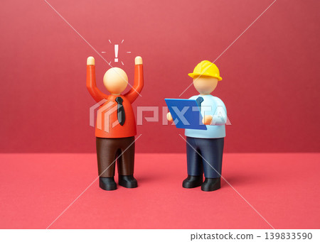 A businessman expresses dissatisfaction in front of a safety inspector. Regulatory pressure, workplace compliance issues and conflict during corporate inspections. A businessman expresses dissatisfaction in front of a safety inspector. Regulatory pressure, workplace compliance issues and conflict during corporate inspections. 139833590