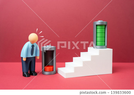 An office worker is looking for a way to recharge and recharge. Recovery from burnout, work life balance and restoring productivity and motivation. An office worker is looking for a way to recharge and recharge. Recovery from burnout, work life balance and restoring productivity and motivation. 139833600