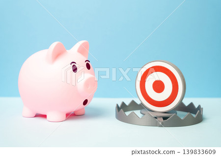 Piggy bank and target in a trap. An imaginary goal and unknown consequences of achieving it. Financial illusion, risky planning and hidden economic threats. 139833609