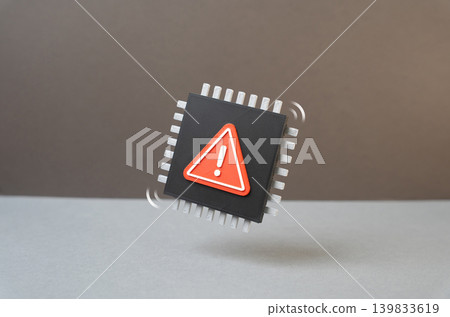Microchip with warning. Shortage of chips and electronic components. Factory defects, damaged hardware and risks from defective semiconductor batches. Microchip with warning. Shortage of chips and electronic components. Factory defects, damaged hardware and risks from defective semiconductor batches. 139833619