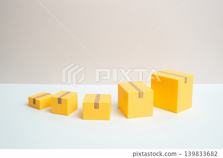 Boxes from small to large symbolizing parcels and shipment growth. Increased turnover in logistics, warehouse operations, online commerce and global delivery services. Boxes from small to large symbolizing parcels and shipment growth. Increased turnover in logistics, warehouse operations, online commerce and global delivery services. 139833682