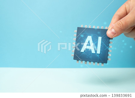 AI chip representing new artificial intelligence technologies and digital innovation. Machine learning tools, semiconductor development and future computing systems. AI chip representing new artificial intelligence technologies and digital innovation. Machine learning tools, semiconductor development and future computing systems. 139833691