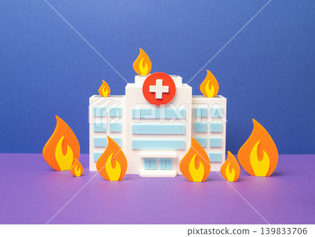The hospital is engulfed in flames. The concept of overloading a medical facility. The healthcare system is at its limits and budget cuts increase pressure. The hospital is engulfed in flames. The concept of overloading a medical facility. The healthcare system is at its limits and budget cuts increase pressure. 139833706